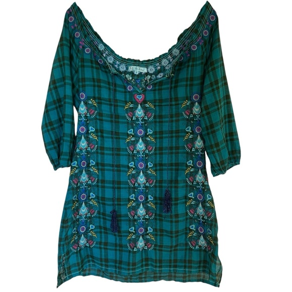 Johnny Was 3J Workshop Small Teal Plaid Embroidered Tunic Top Boho Hippie - Picture 1 of 11
